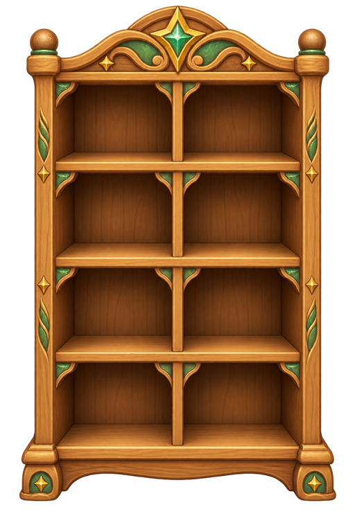 An open wooden cabinet with eight spaces for games